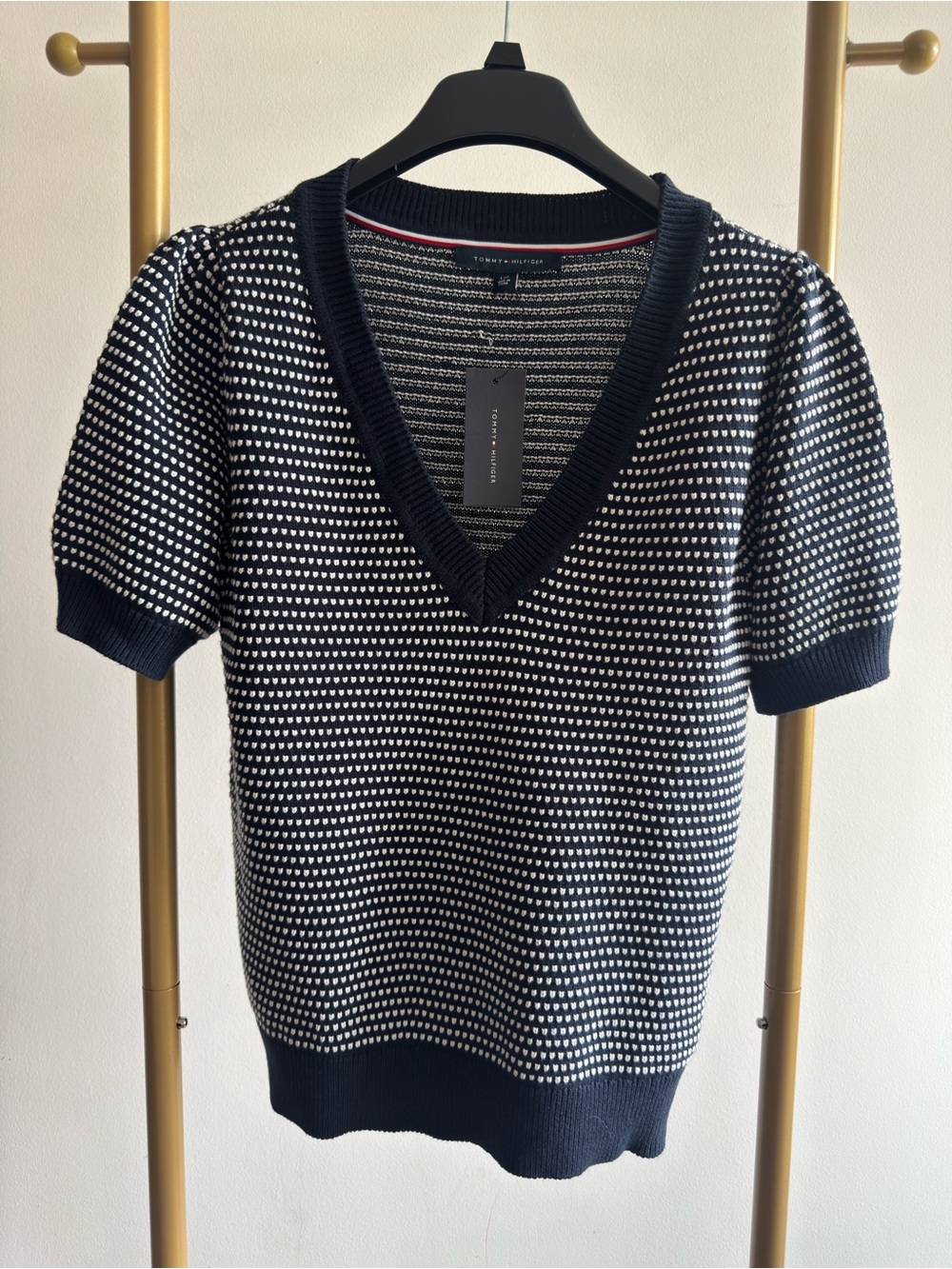 Tommy Hilfiger Navy & White Short-Sleeve V-Neck Sweater Top
